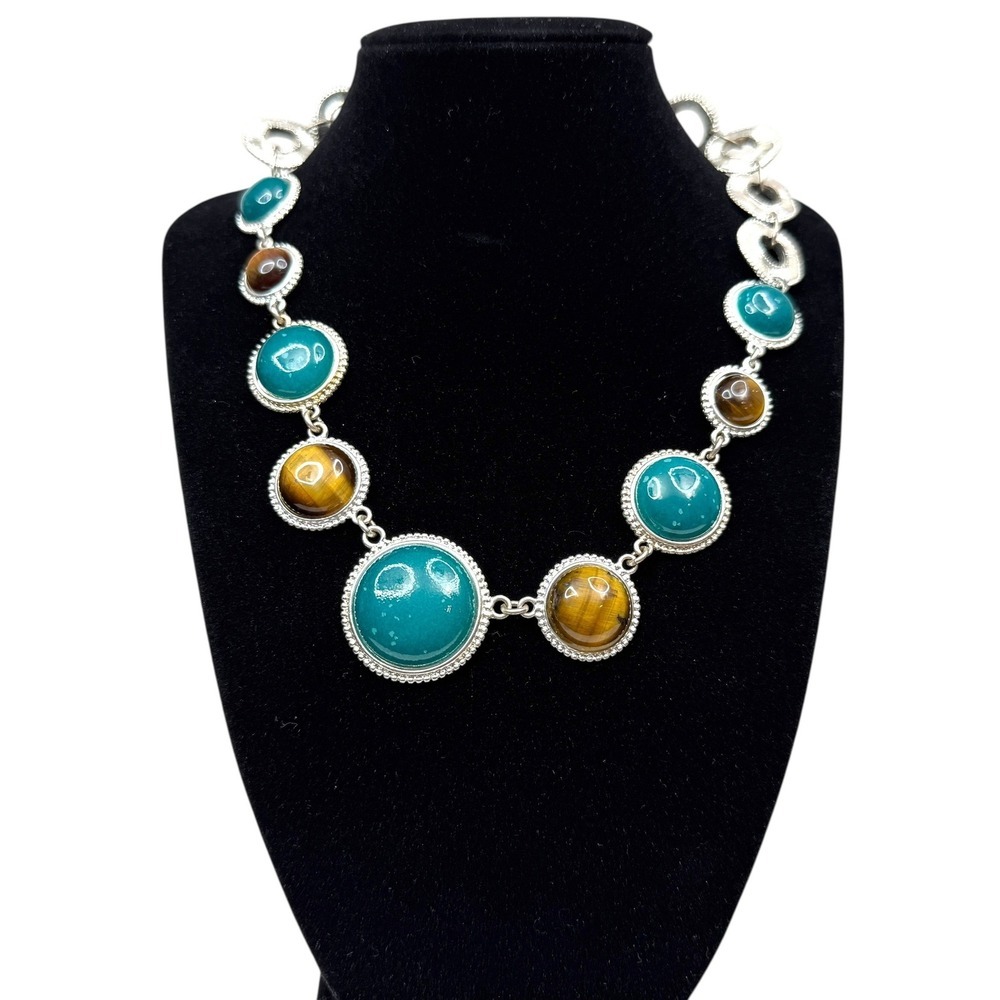 Teal & Tiger Eye Cabochon Statement Necklace Silver Tone Toggle Clasp Jewelry
